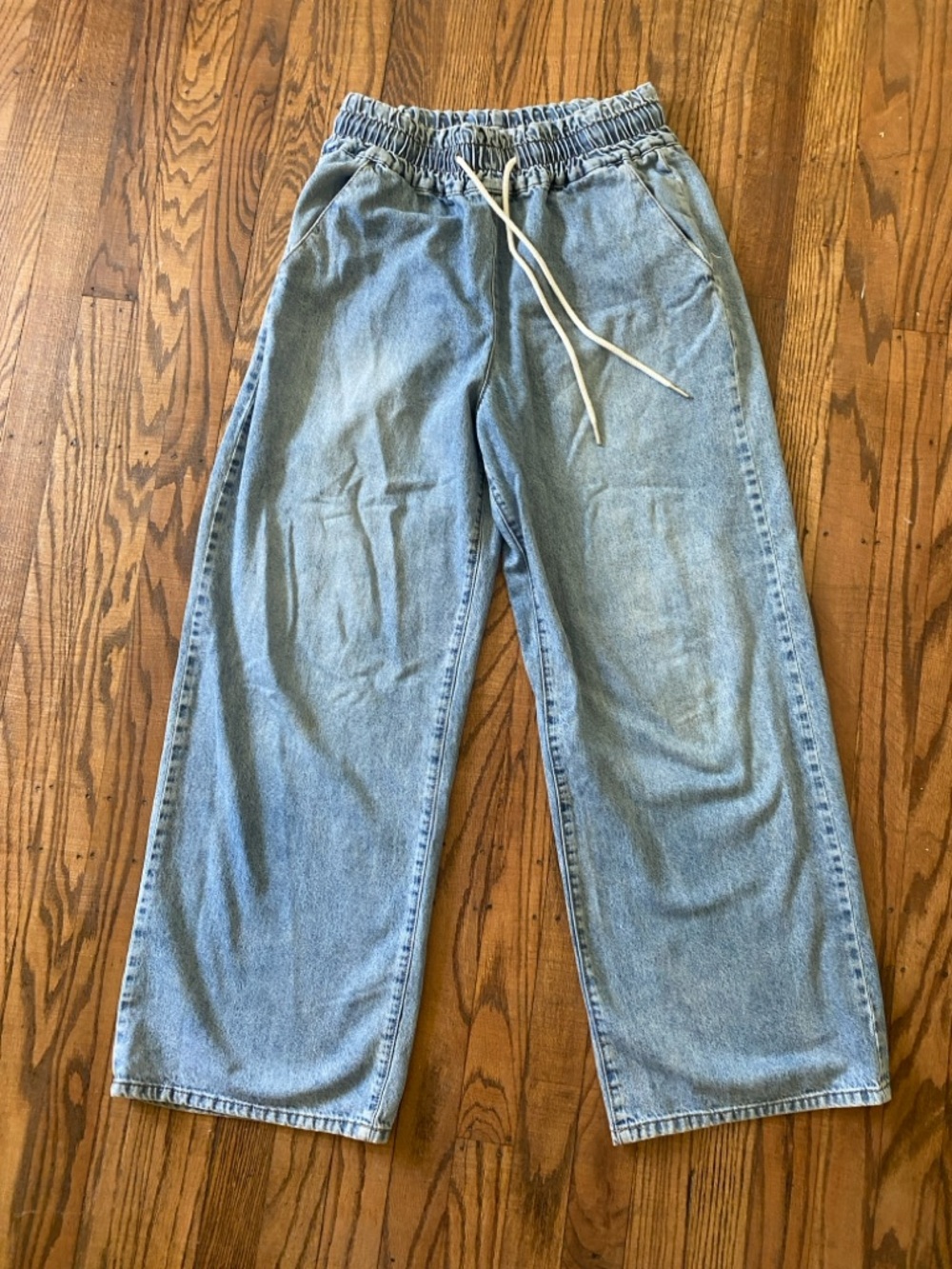 Light Blue Denim Wide-Leg Jeans with Elastic Waist